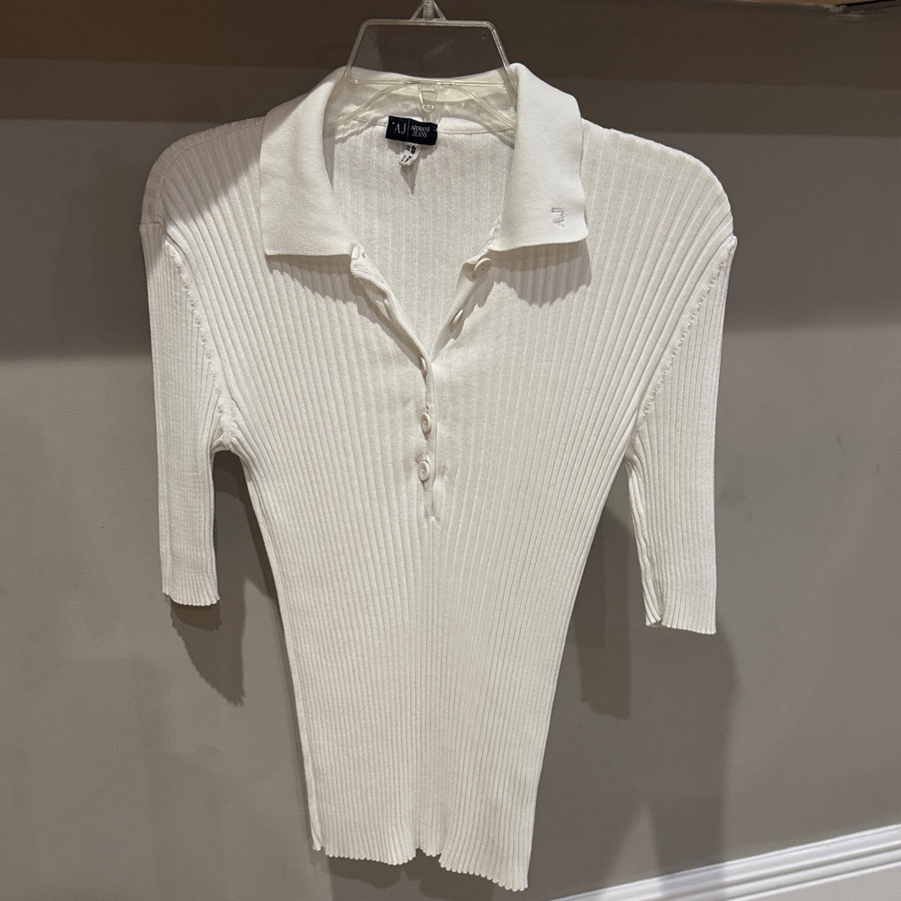 Armani jeans,  AJ White Ribbed Polo Collar Top  Italian size 48